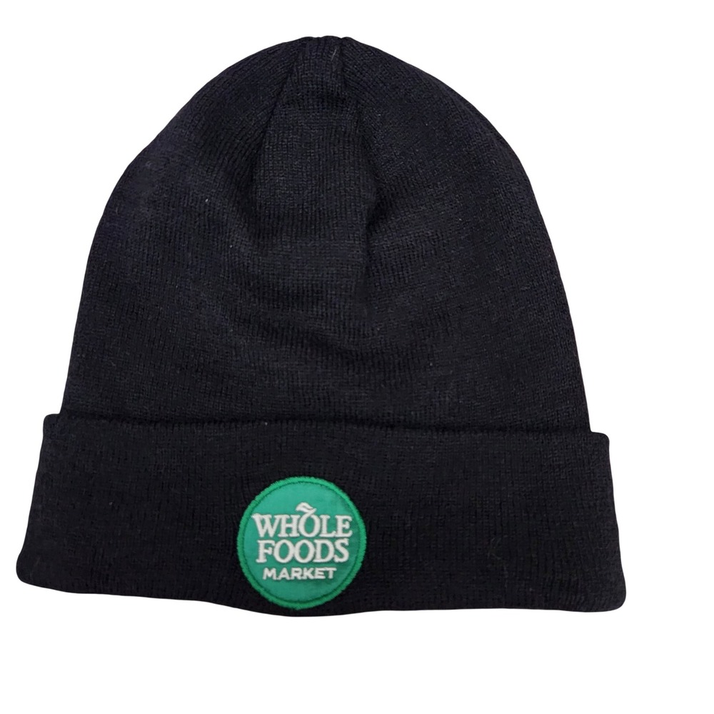 Whole Foods Market Beanie Black Knit Cuffed Logo Patch Winter Hat Watch Cap